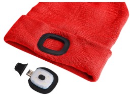 Gorro con linterna frontal 180 lm, recargable, USB, talla única, algodón/PE, rojo