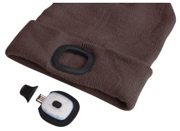 Gorro con linterna frontal 180 lm, recargable, USB, talla universal, algodón/PE, marrón