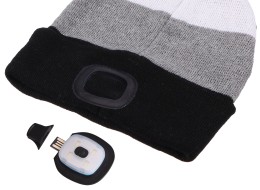 Gorro con linterna frontal 180 lm, recargable, USB, talla única, algodón/PE, negro/gris/blanco