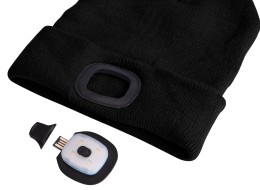 Gorro con linterna frontal 180 lm, recargable, USB, talla única, algodón/PE, negro con pompón