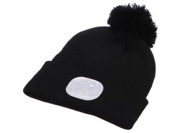 Gorro con linterna frontal 180 lm, recargable, USB, talla única, algodón/PE, negro con pompón
