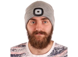 Gorro con linterna frontal 180 lm, recargable, USB, talla única, algodón/PE, gris claro