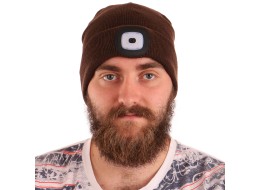 Gorro con linterna frontal 180 lm, recargable, USB, talla universal, algodón/PE, marrón