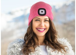 Gorro con linterna frontal 180 lm, recargable, USB, talla universal, algodón/PE, rosa