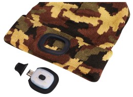 Gorro con linterna frontal 180 lm, recargable, USB, talla universal, algodón/PE, camuflaje