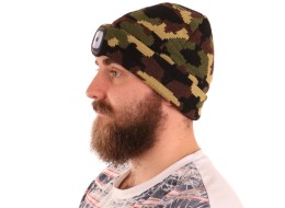 Gorro con linterna frontal 180 lm, recargable, USB, talla universal, algodón/PE, camuflaje