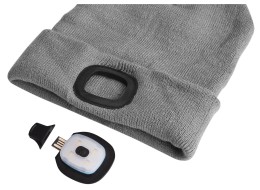 Gorro con linterna frontal 180 lm, recargable, USB, talla única, algodón/PE, gris claro