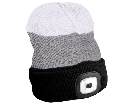 Gorro con linterna frontal 180 lm, recargable, USB, talla única, algodón/PE, negro/gris/blanco