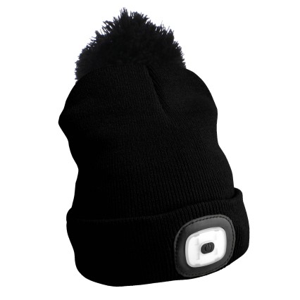 Gorro con linterna frontal 180lm, recargable, USB, talla universal, algodón/PE, negro con pompón
