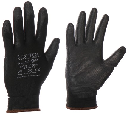 Guantes de trabajo de poliéster parcialmente recubiertos en poliuretano GLOVE PE-PU 9, negros, talla