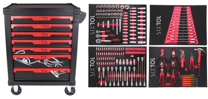 Carro de taller para herramientas MECHANIC TROLLEY KEVIN 210, 7 cajones, 210 piezas de herramientas
