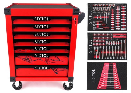 Carro de taller para herramientas MECHANIC TROLLEY KEVIN RED 195, 7 cajones, 195 piezas de herramien