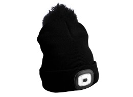 Gorro con linterna frontal 180 lm, recargable, USB, talla única, algodón/PE, negro con pompón