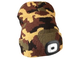 Gorro con linterna frontal 180 lm, recargable, USB, talla universal, algodón/PE, camuflaje
