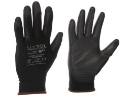 Guantes de trabajo de poliéster parcialmente recubiertos en poliuretano GLOVE PE-PU 9, negros, talla